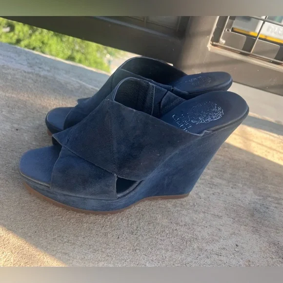 Vince Camuto Navy Blue Suede Wedge Shoes Sandals 7.5 - Picture 3 of 12